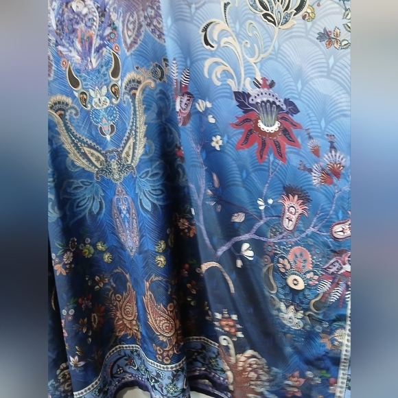 Handmade 100% Polysilk Embroidered Blue Purple Floral Artsy Caftan Cover-up OS - Picture 7 of 8
